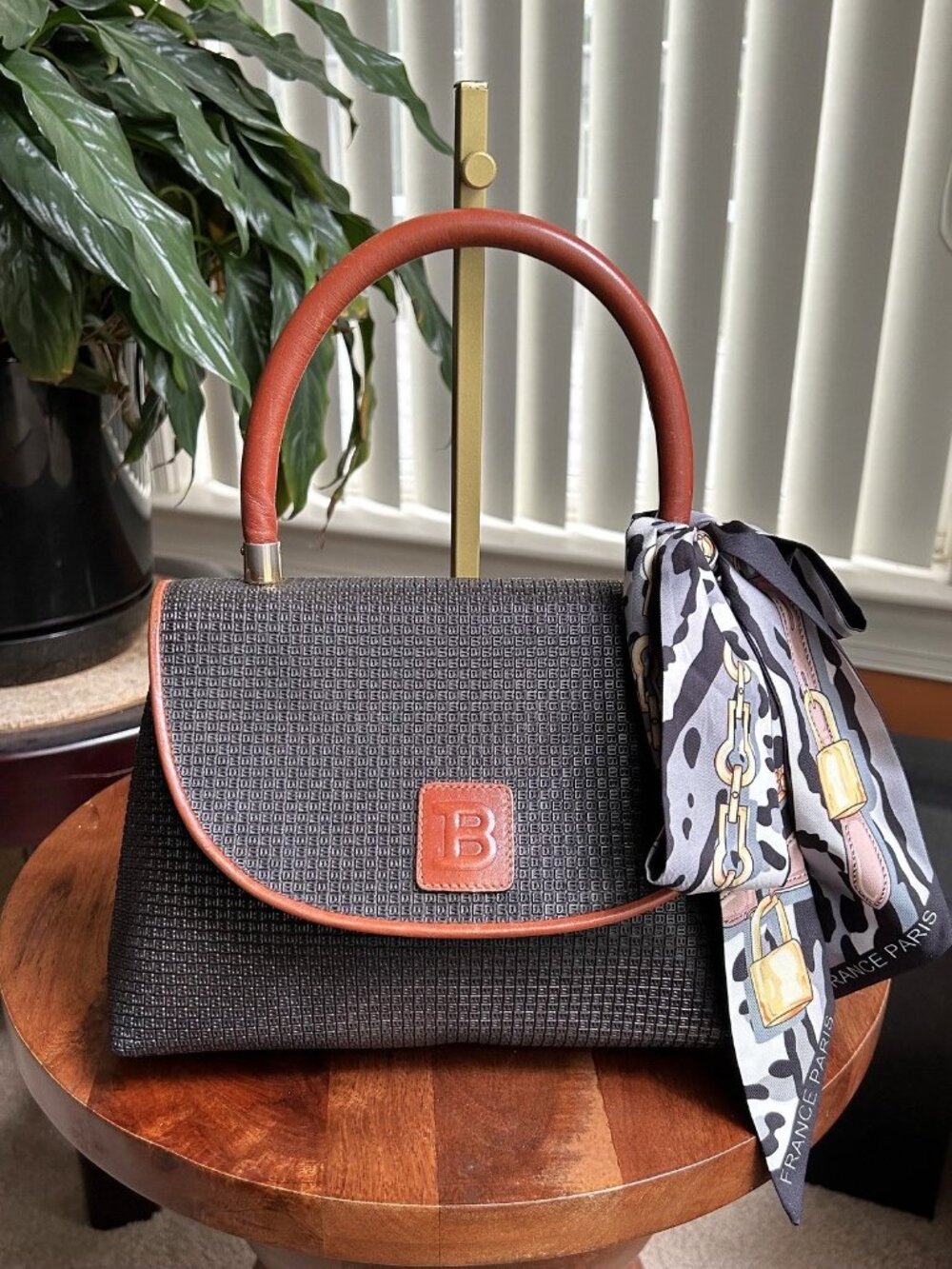 BALLY Embossed B Canvas and Leather Top Handle Bag, Black, British Tan